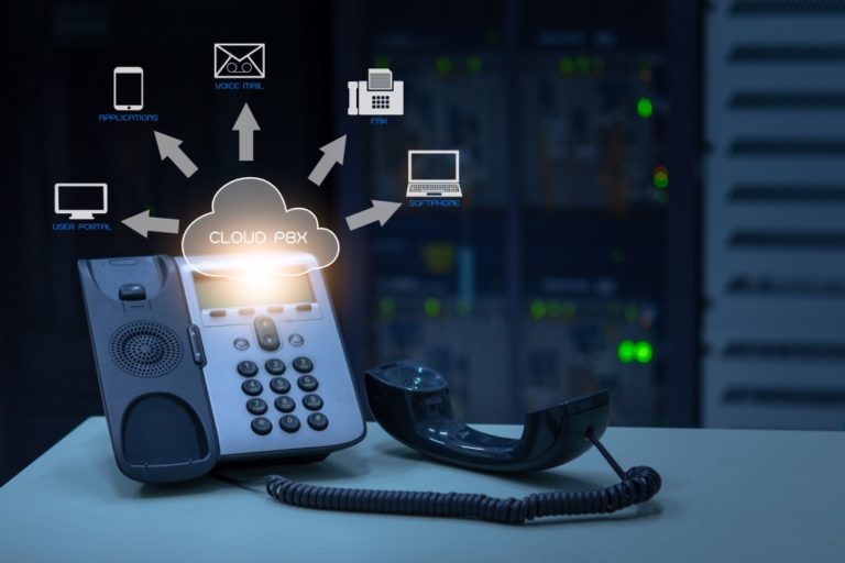 telephone device with illustration icons of VoIP services